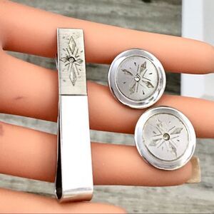 Vintage Kreisler 925 Sterling Silver Diamond Cufflinks Tie Bar Set 1206